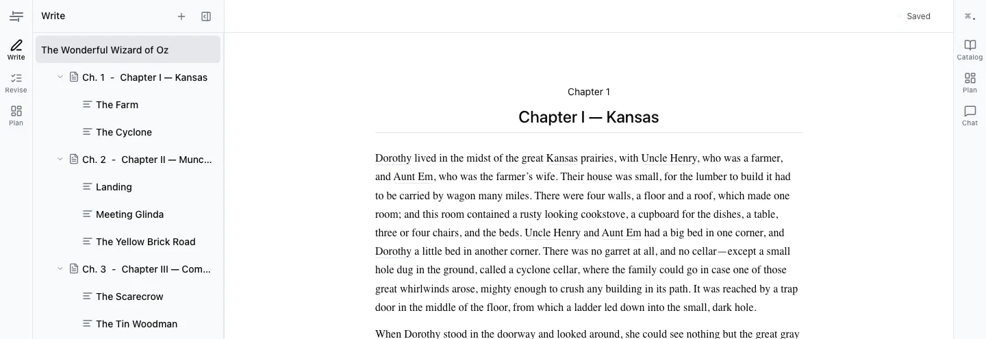 Write mode editor with manuscript open, sidebar outline visible