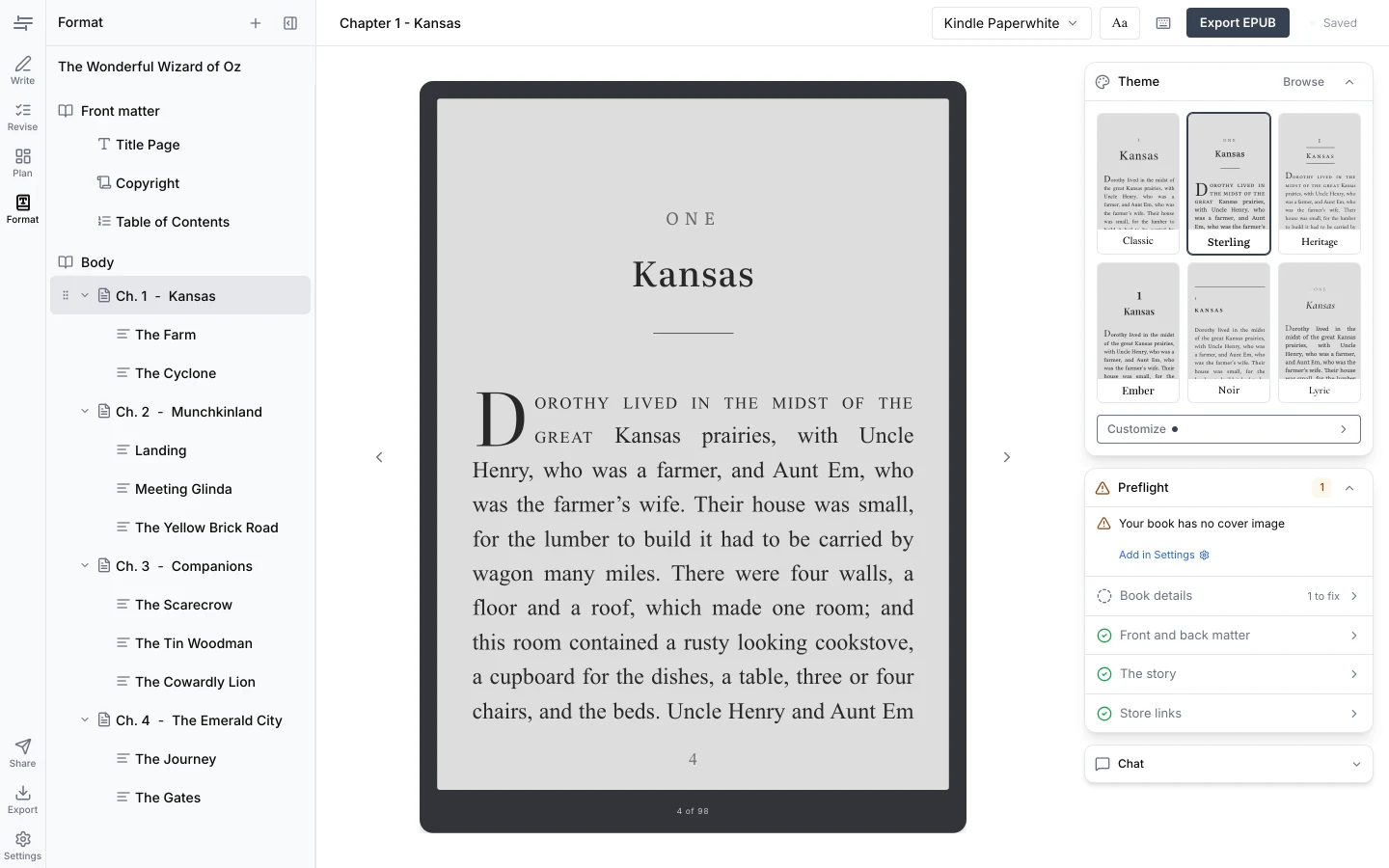 Format mode — a typeset chapter on a simulated Kindle Paperwhite with theme tiles and preflight checks