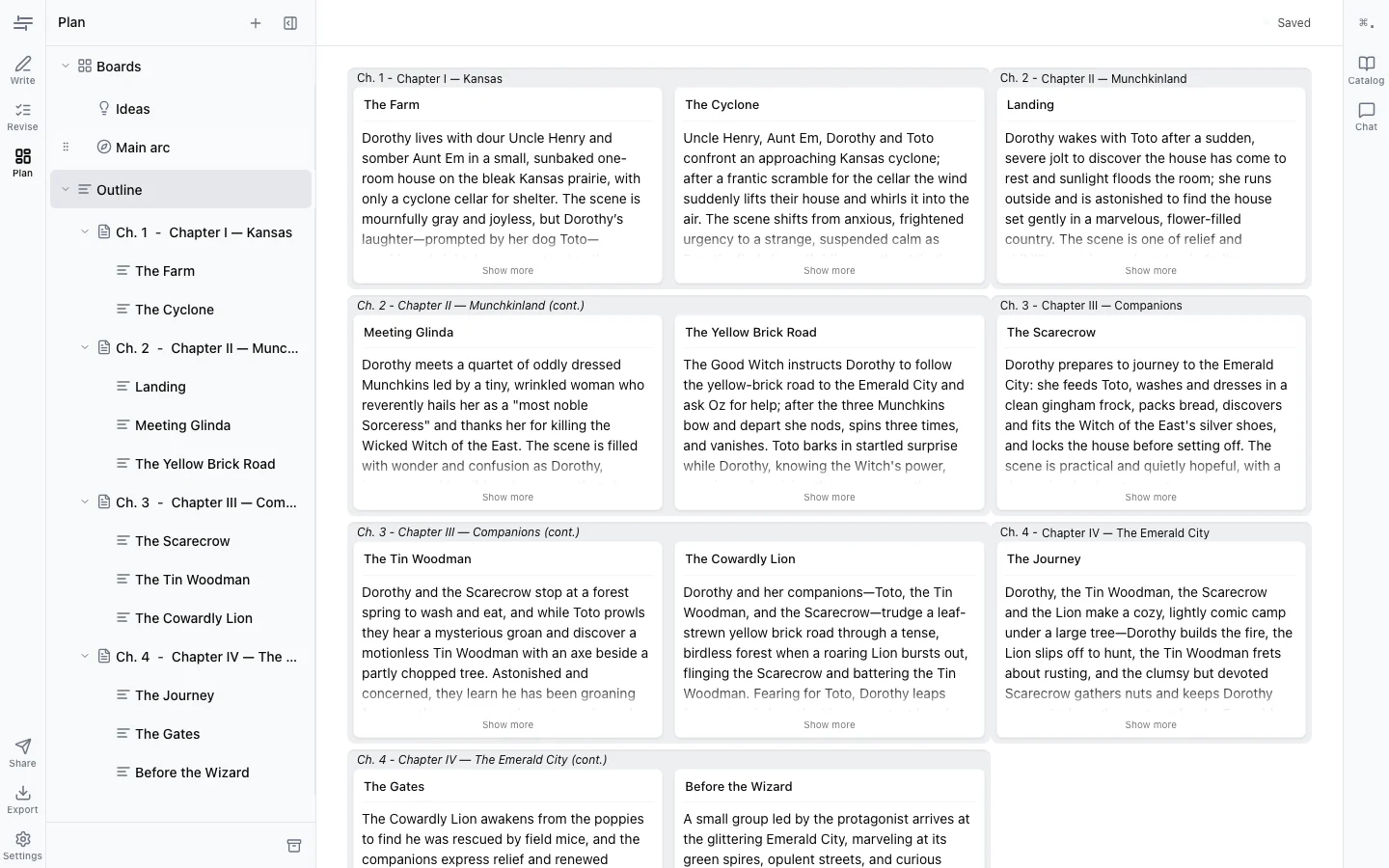 Plan mode — scene outline or Save the Cat template
