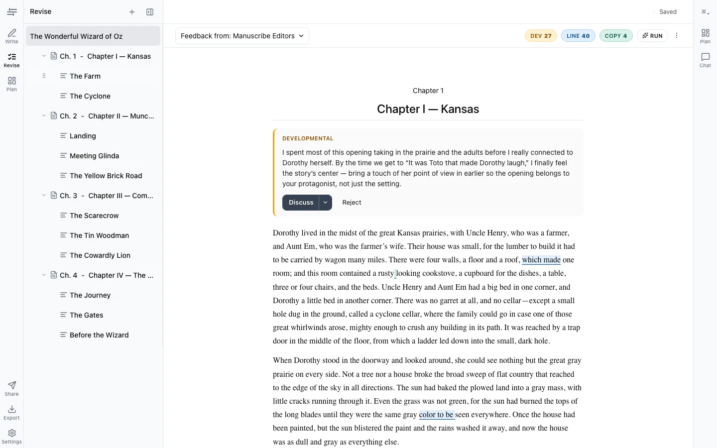 Revise mode — inline suggestions with before/after diff visible