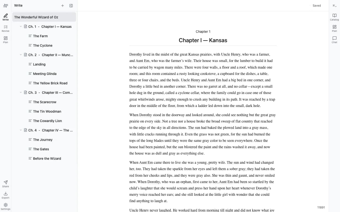 Write mode — calm editor with sidebar outline visible